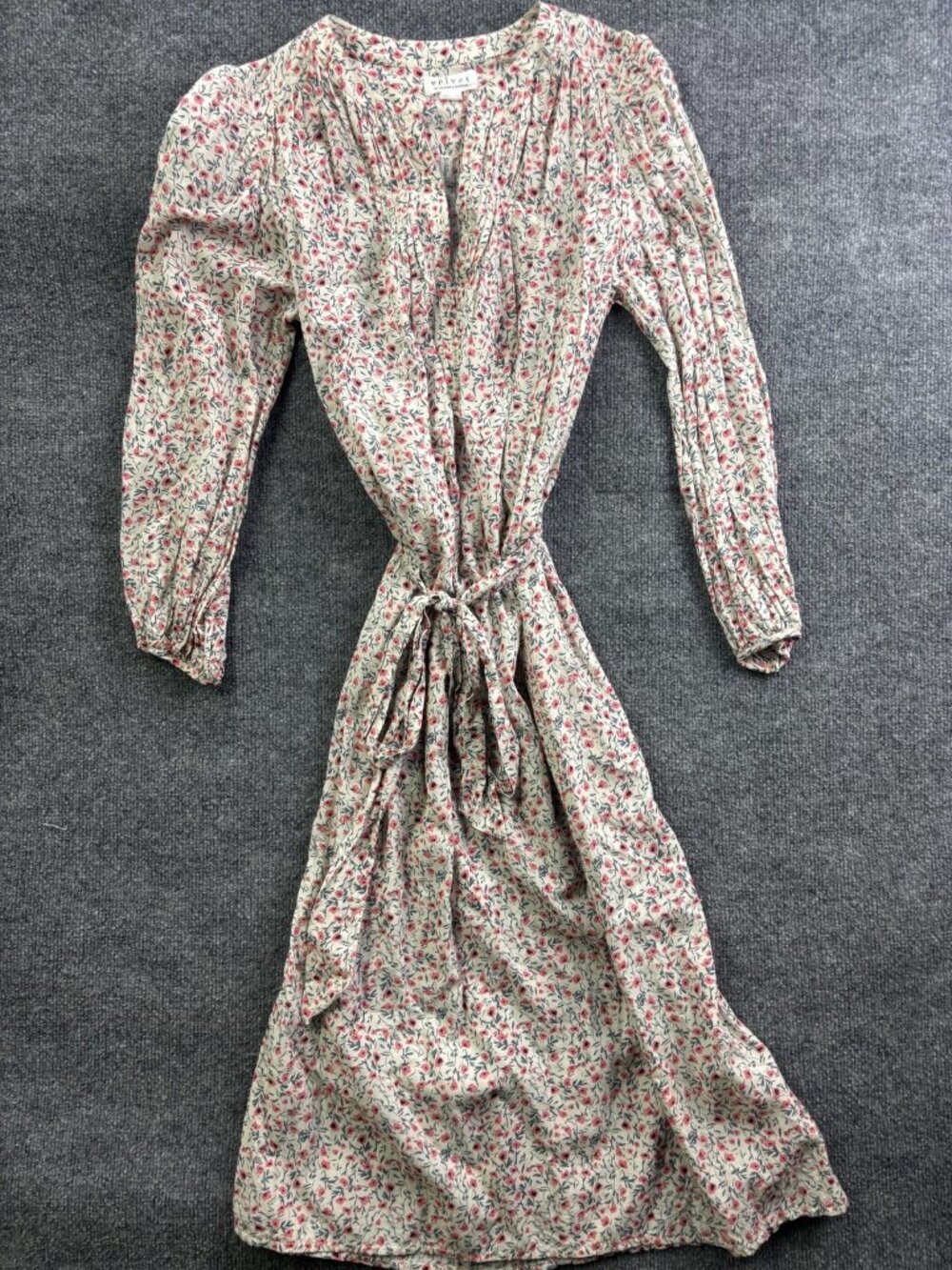 Velvet By Graham & Spencer Dress Womens M White Floral Belted‎ Maxi Long Sleeve